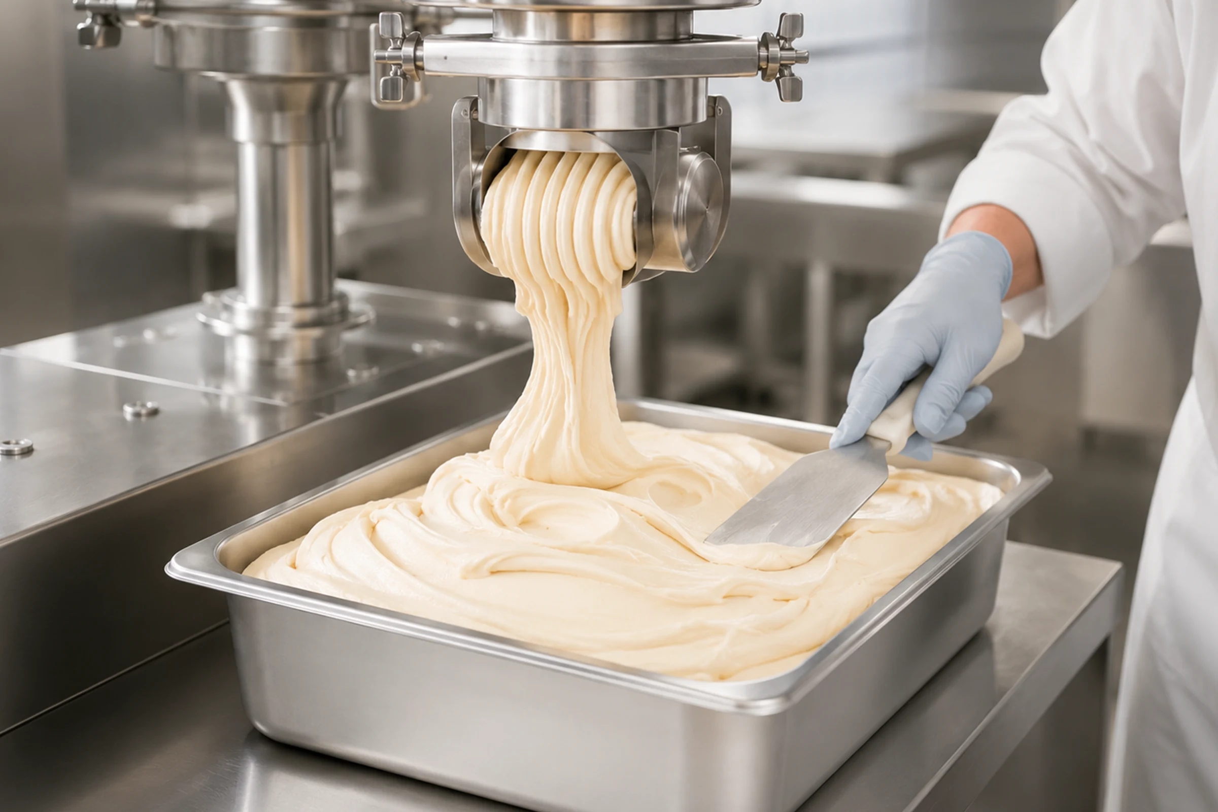 Abfüllung frisch aufgeschlagener Eismasse in eine offene 5-Liter-Edelstahl-Gastronomiewanne in der Guteseis-Produktion – AI Generated