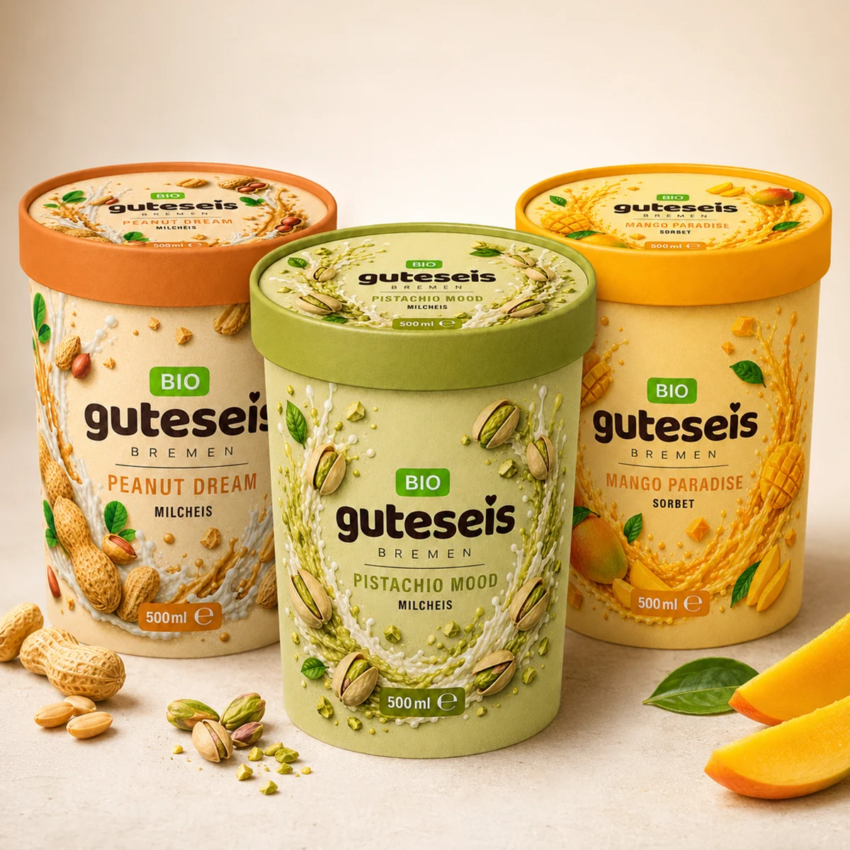 Drei Guteseis-Bio-Becher mit 500 ml: Peanut Dream, Pistachio Mood und Mango Paradise – AI Generated