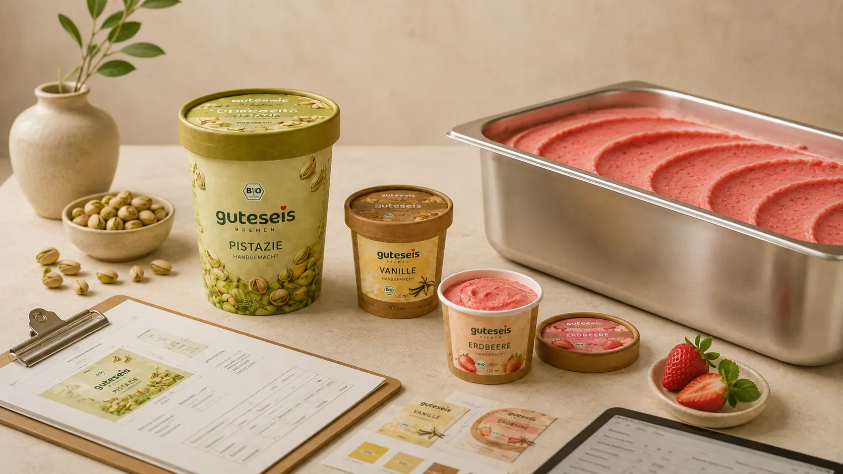 Guteseis-Produkte neben Prüfunterlagen und einer offenen Edelstahl-Gastronomiewanne – AI Generated