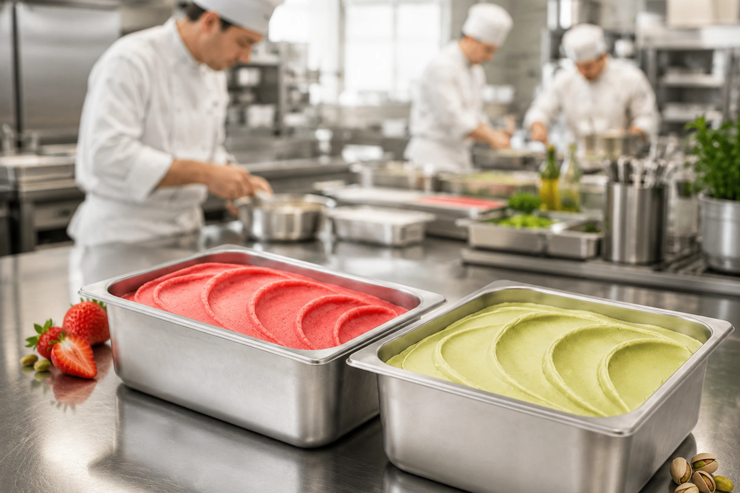 Offene 5-Liter-Edelstahl-Gastronomiewannen mit Eis in einer professionellen Großküche – AI Generated