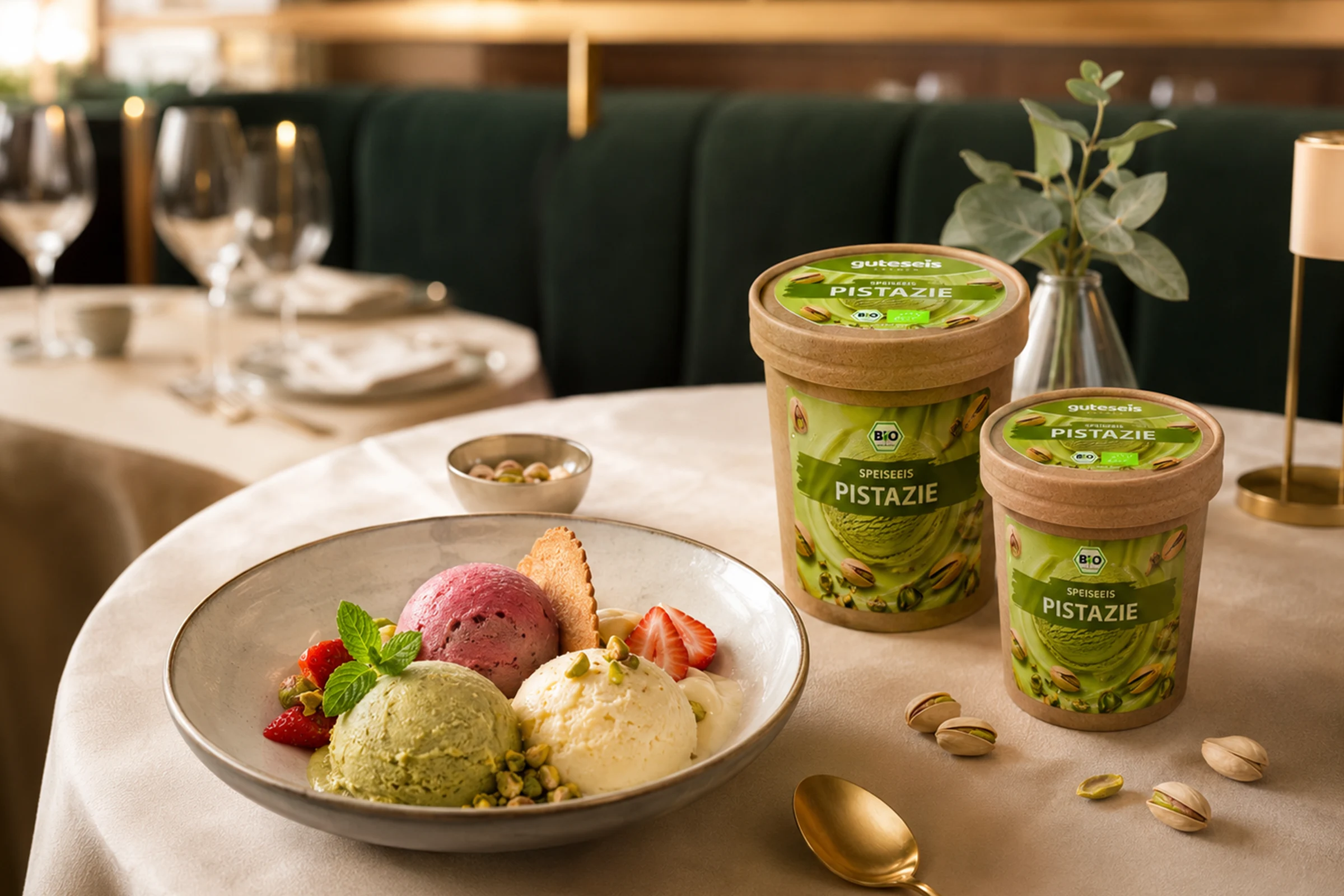 Gedeckter Restauranttisch mit einem Dessertteller und zwei Guteseis-Bio-Pistazienbechern – AI Generated