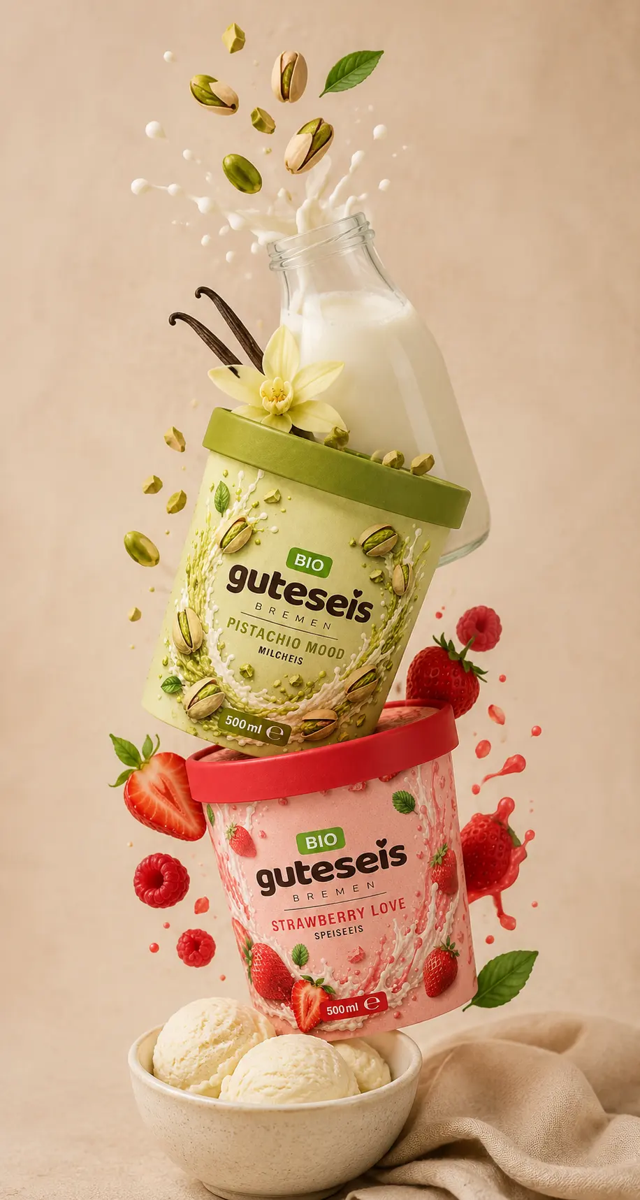 Guteseis Bio-Eis mit Zutaten auf warmem beigefarbenem Hintergrund – AI Generated