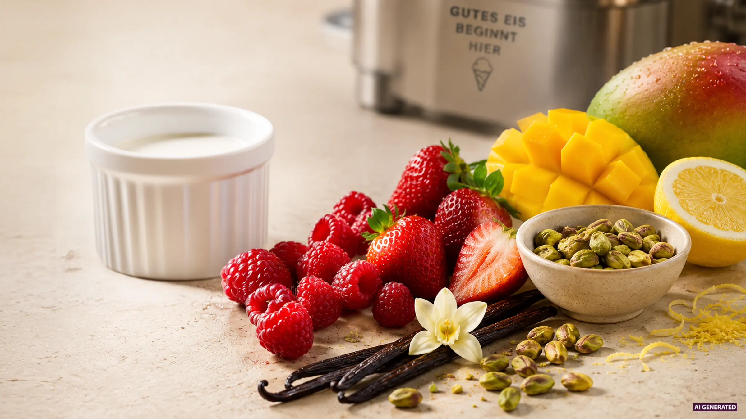 Erdbeeren, Himbeeren, Mango, Pistazien, Vanilleschoten und Zitrone auf einer hellen Arbeitsfläche – AI Generated