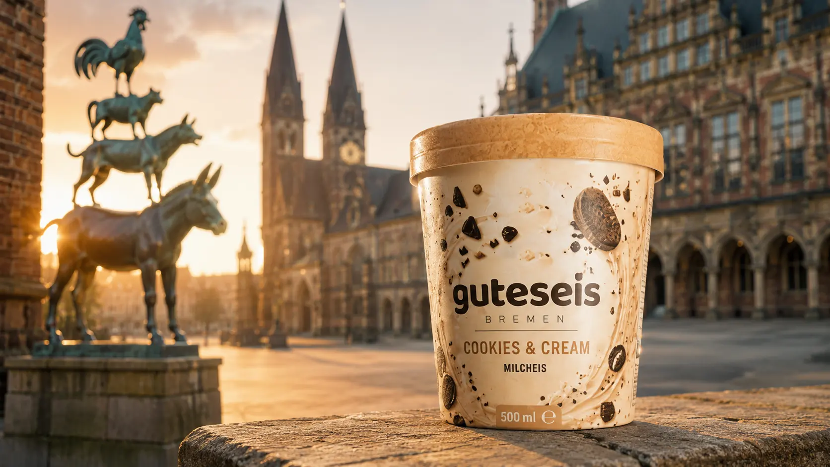 Guteseis-Becher vor einem Bremer Stadtmotiv mit den Bremer Stadtmusikanten – AI Generated