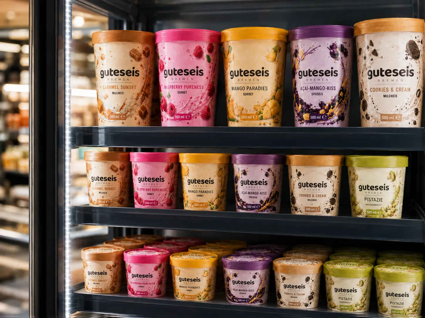 Guteseis-Becher in einem professionellen Tiefkühlregal im Lebensmitteleinzelhandel – AI Generated
