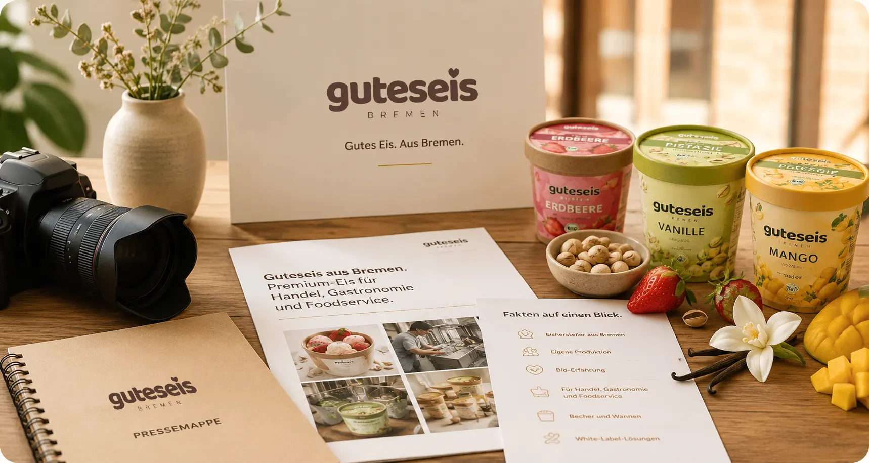 Guteseis-Pressematerial mit Eisprodukten und Medienausstattung – AI Generated