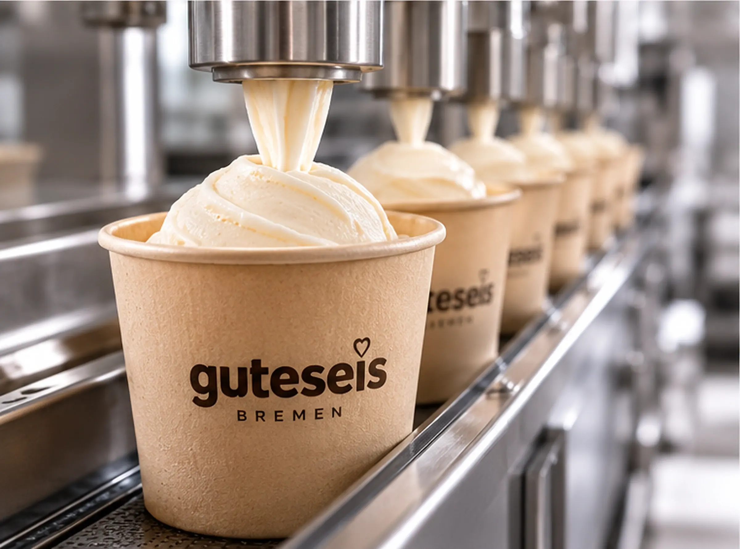 Professionelle Abfüllung von Eis in Becher innerhalb einer Produktionslinie – AI Generated