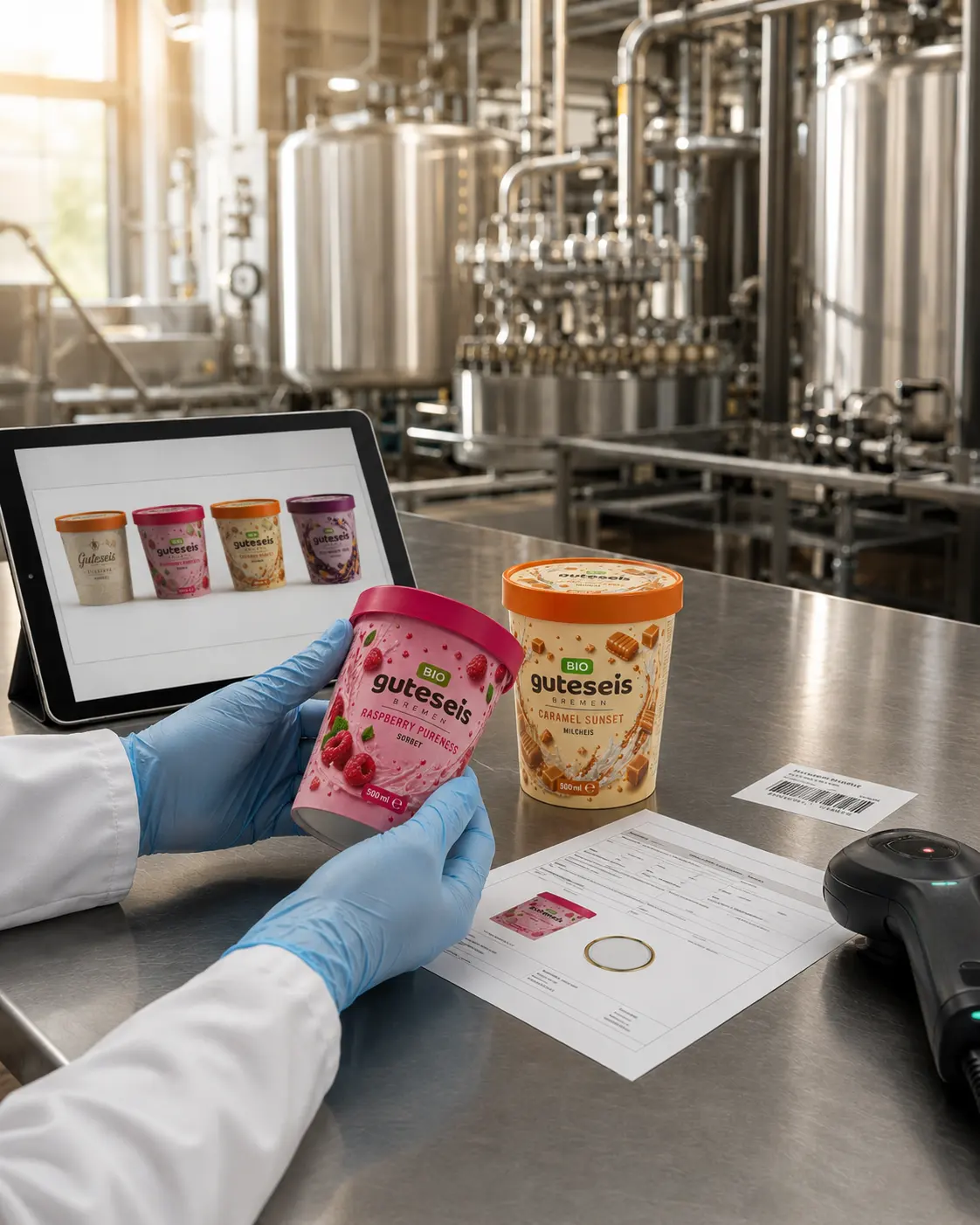 Prüfung von Guteseis-Bechern, Produktkennzeichnung und Spezifikationsunterlagen in der Produktion – AI Generated