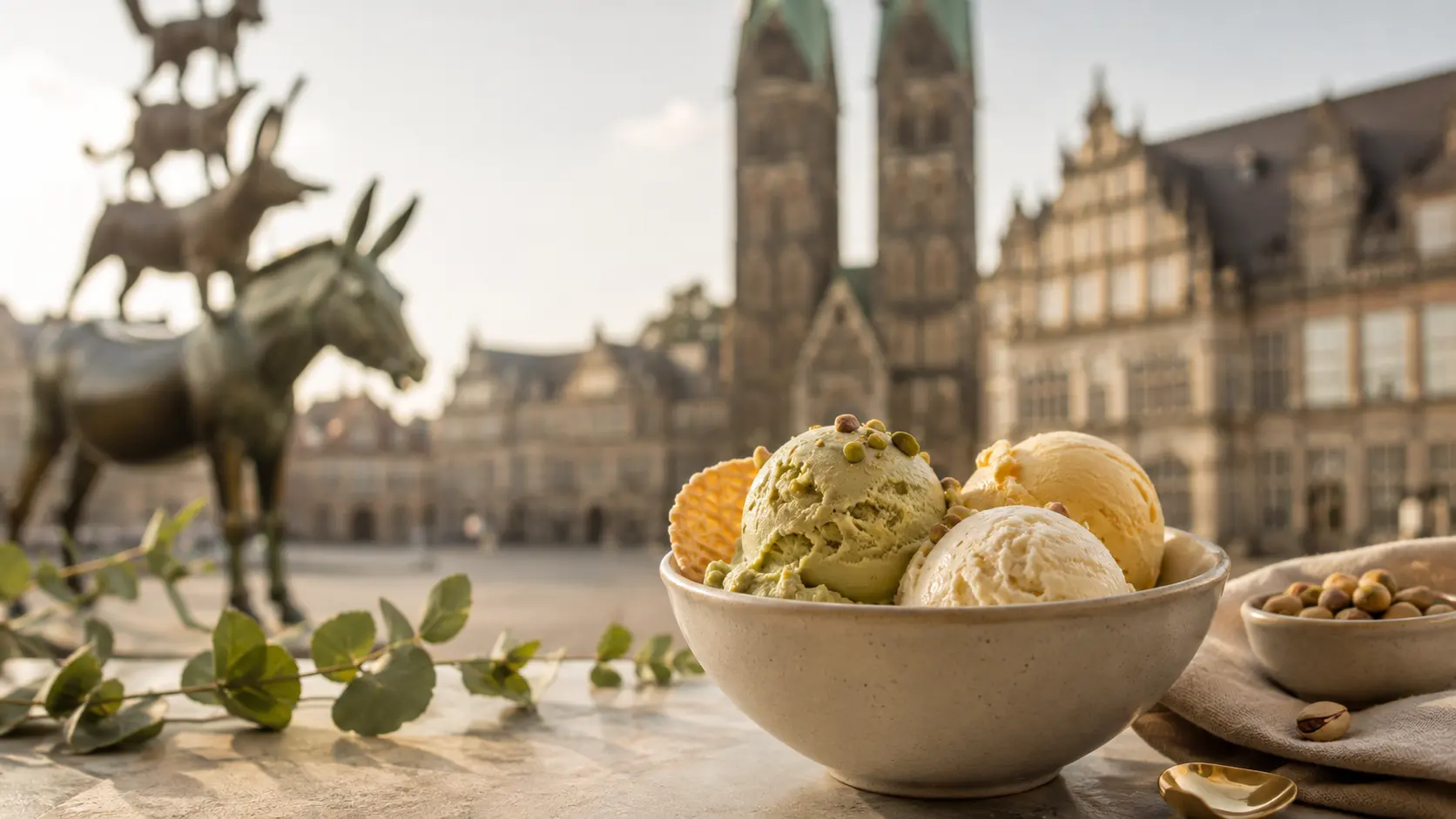 Eisschale mit Pistazien- und Vanilleeis vor den Bremer Stadtmusikanten und dem Marktplatz – AI Generated