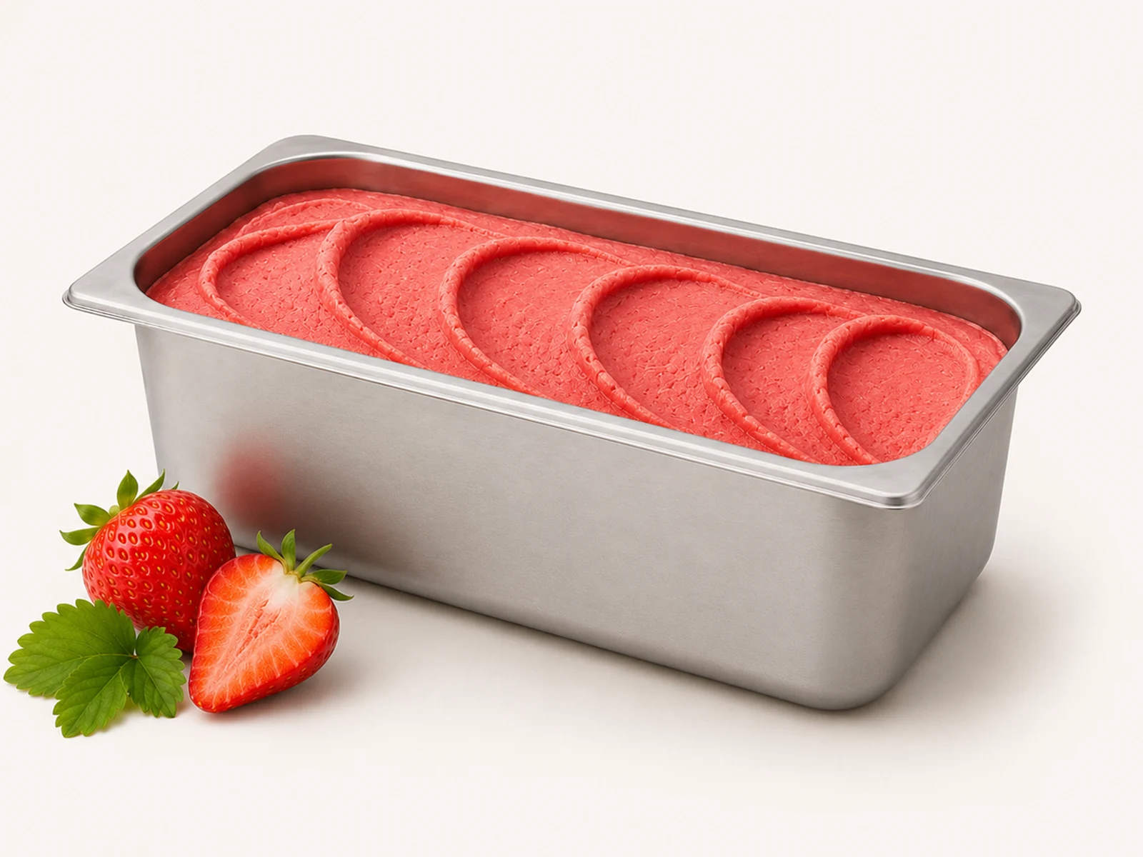 Offene 5-Liter-Edelstahl-Gastronomiewanne mit Erdbeereis und frischen Erdbeeren – AI Generated