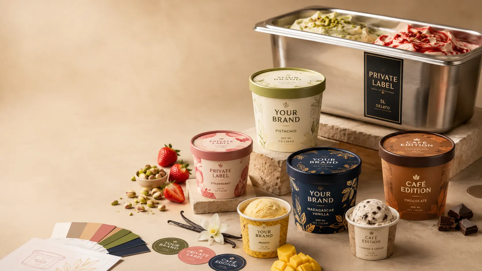 Individuell gestaltete White-Label-Eisbecher und 5-Liter-Gastronomiewanne für eigene Marken – AI Generated
