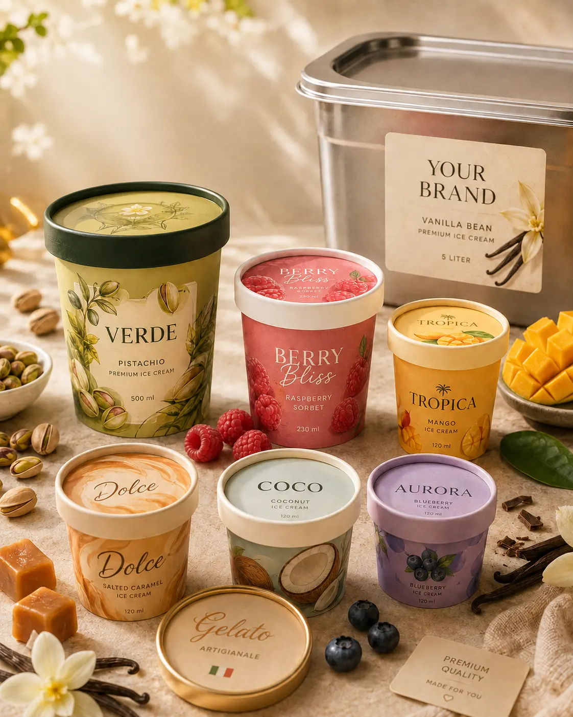 Verschiedene individuell gestaltete White-Label-Eisbecher und Verpackungsdesigns – AI Generated
